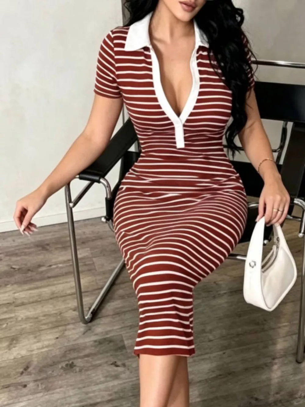 Striped Short Sleeve Bodycon Midi Dress, image 7