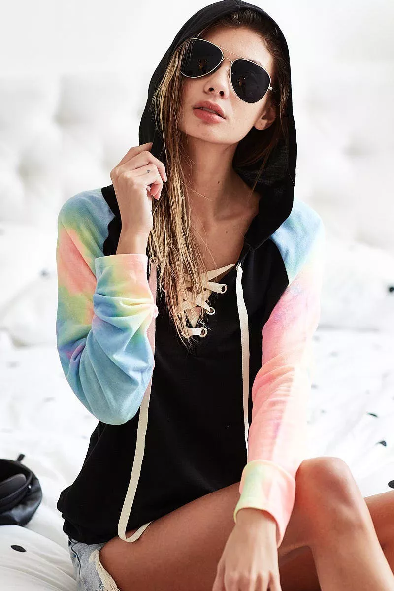 French Terry Lace Up Hoodie With Tie Dye Sleeves, image 4