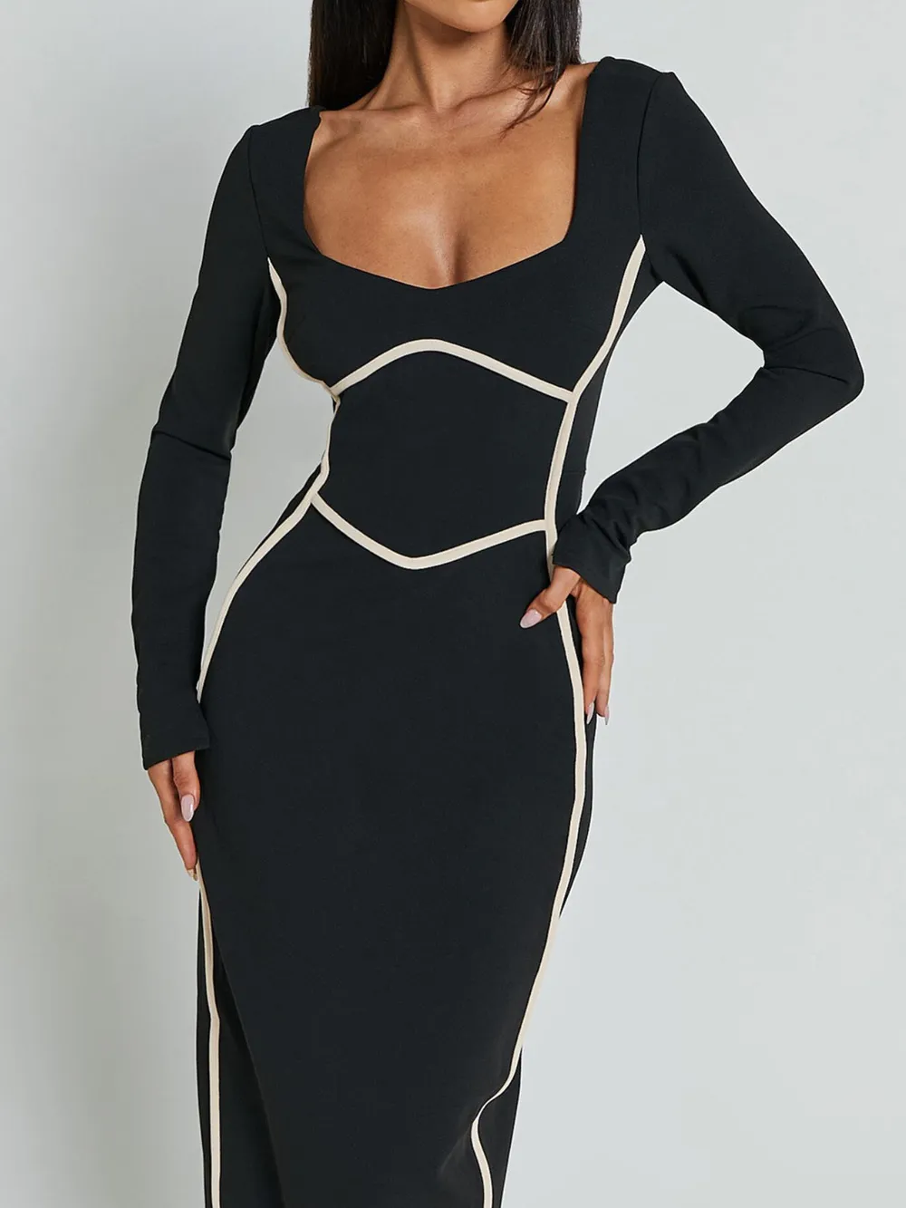 Contrast Trim Long Sleeve Bodycon Maxi Dress, image 5
