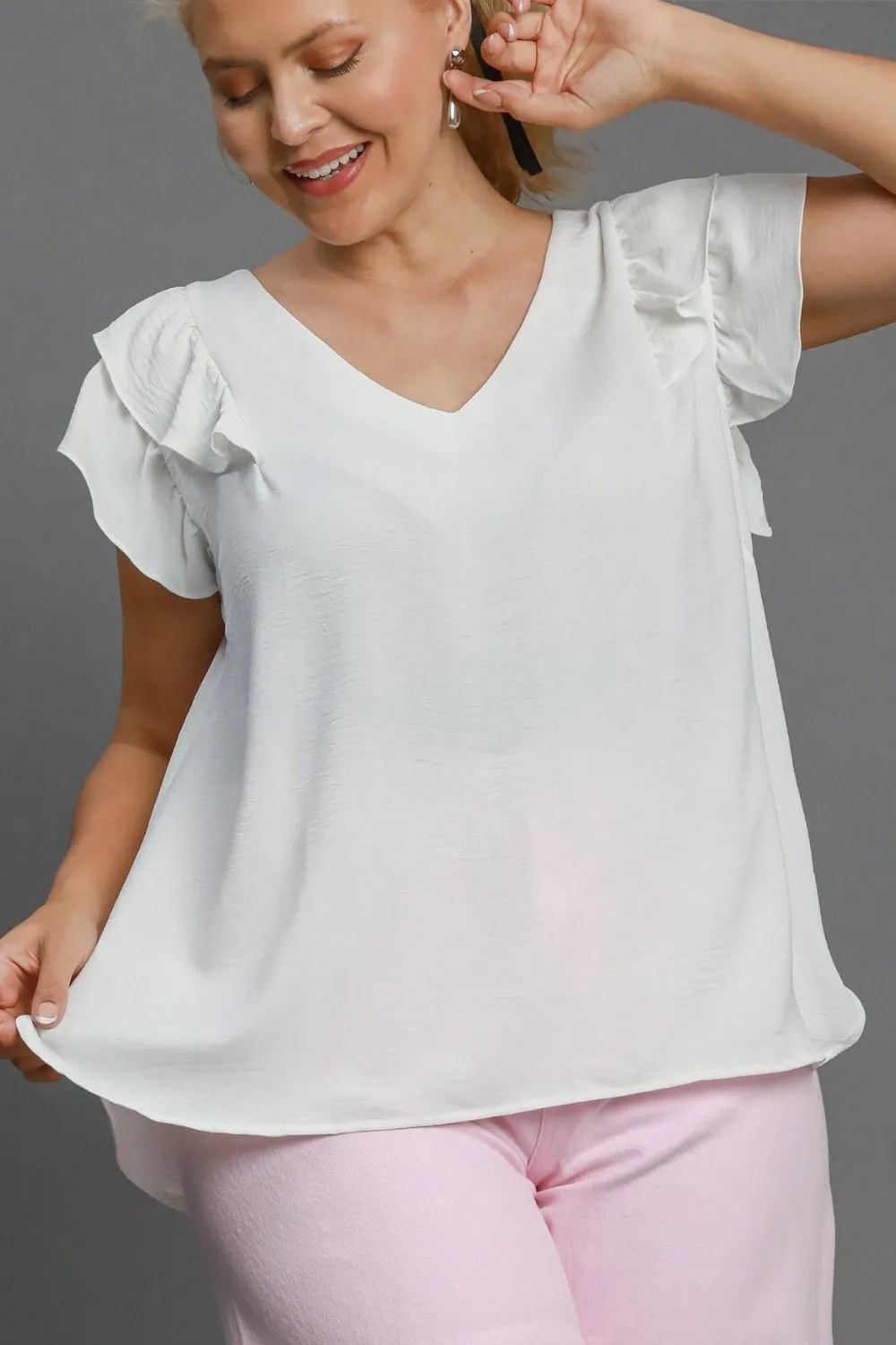 Full Size V-Neck Double Layered Ruffle Sleeve Blouse Plus Size, image 3