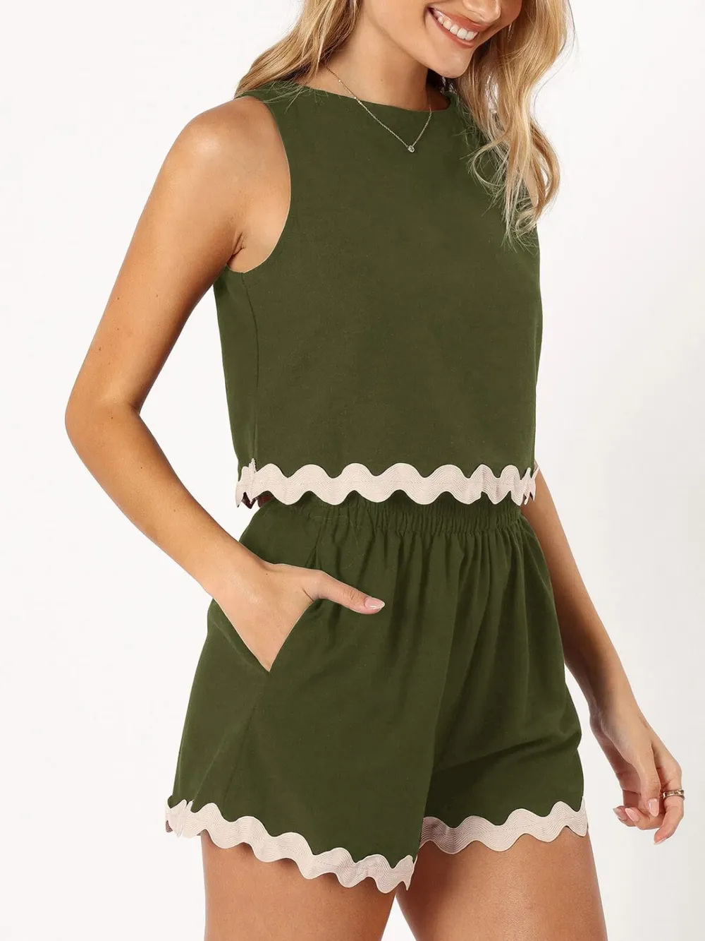Contrast Trim Round Neck Top and Shorts Set, image 11
