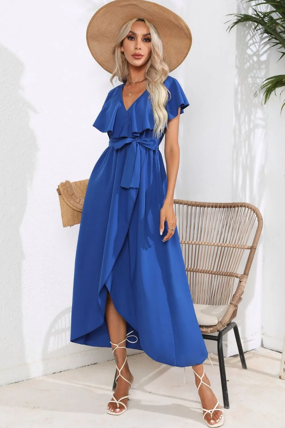 Tied Front Ruffled Short Sleeve Midi Dress, image 2