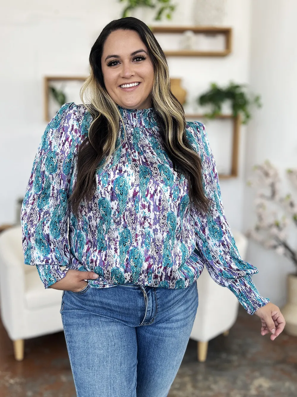 Full Size Printed Smocked Long Sleeve Blouse, image 20