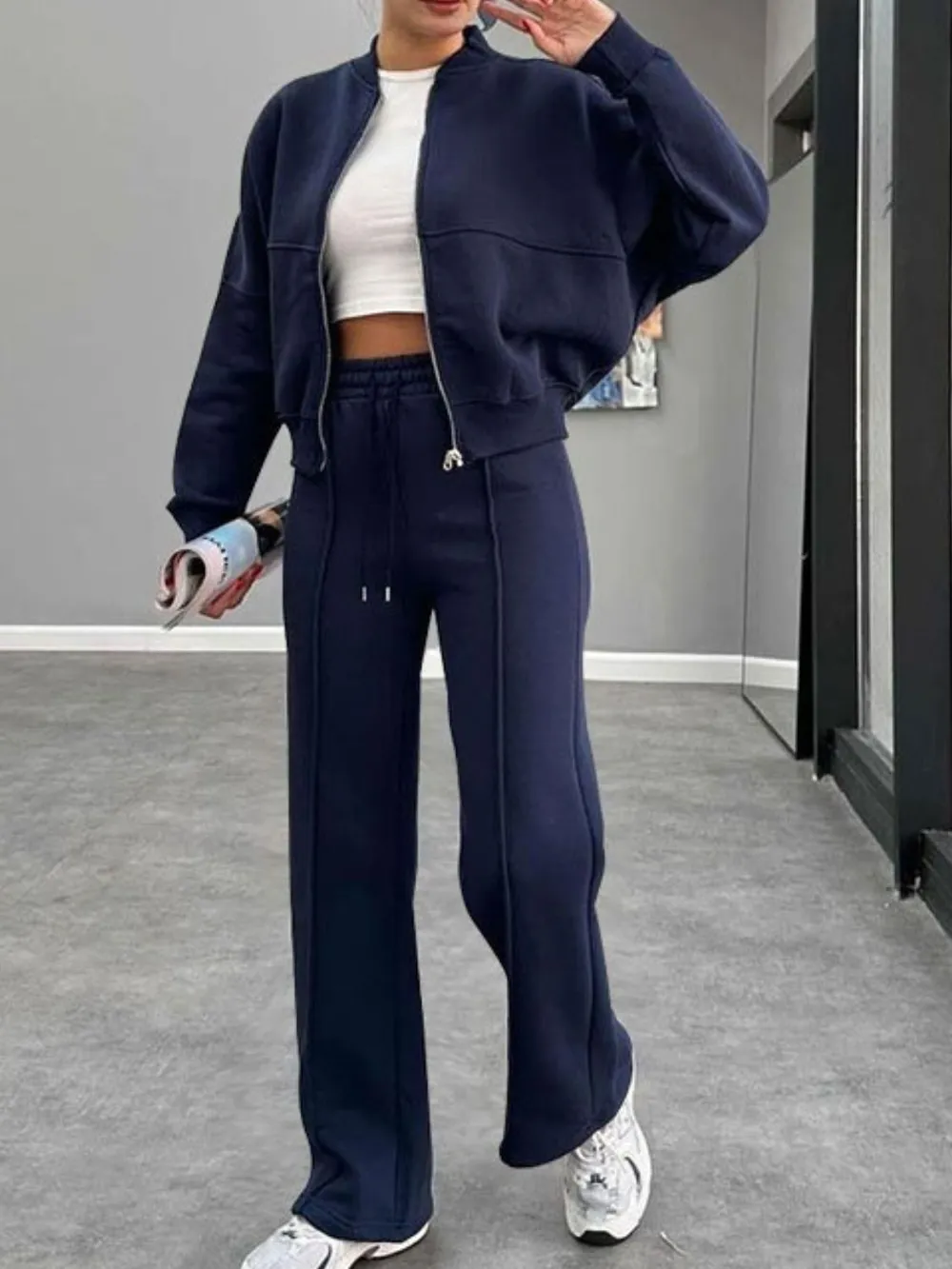 Baseball Collar Zip Up Outerwear and Drawstring Pants Set, image 15