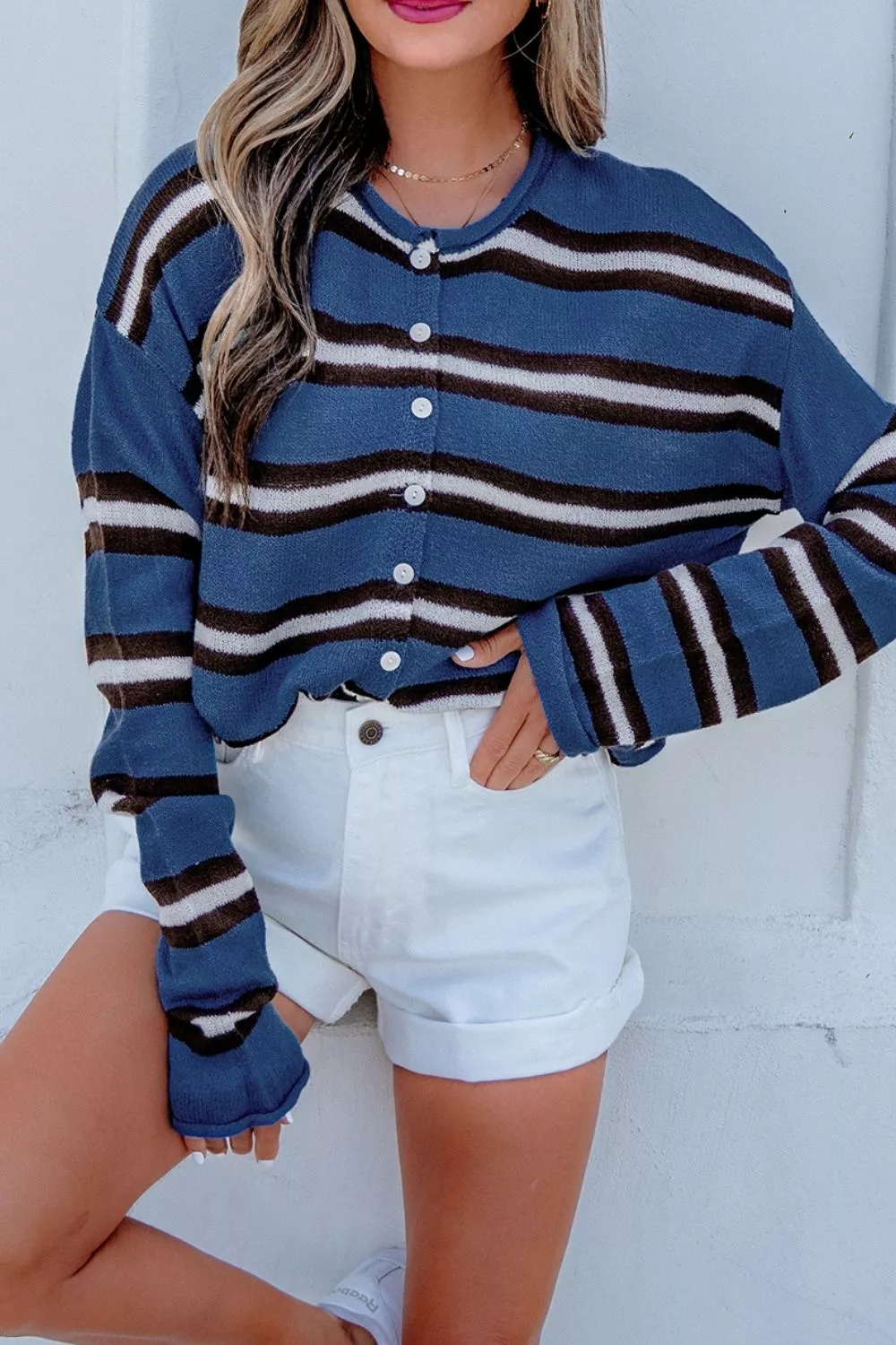 Stripe Striped Drop Shoulder Button Cardigan, image 5