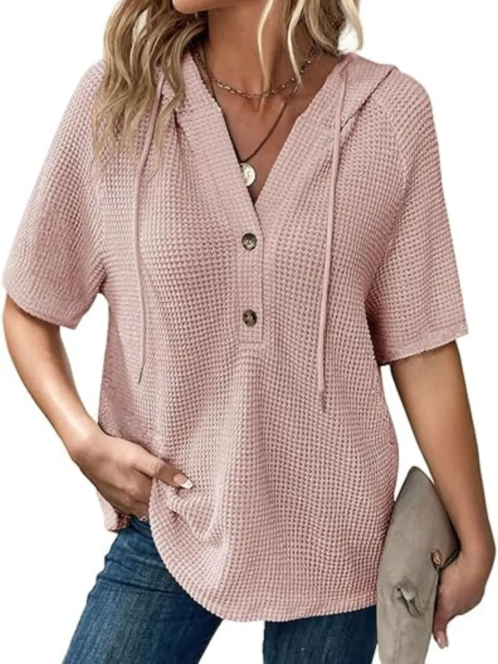 Drawstring Waffle-Knit Short Sleeve Hooded Top, image 9