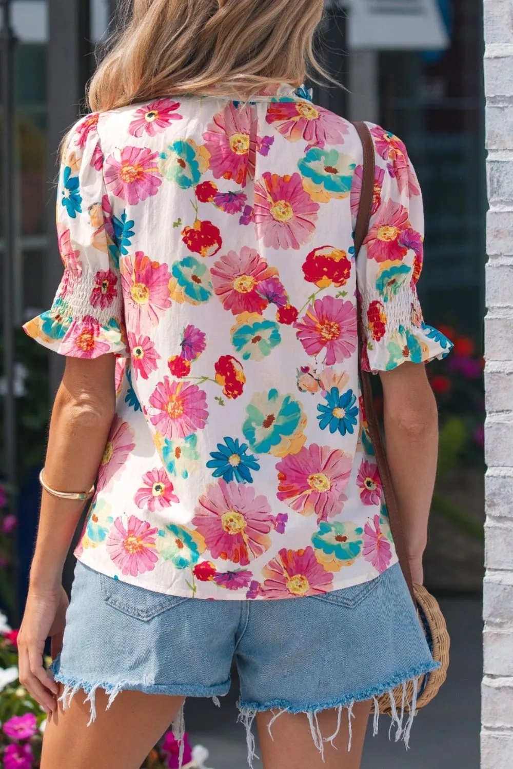 Floral Print Ruched Short Sleeve Blouse, image 2
