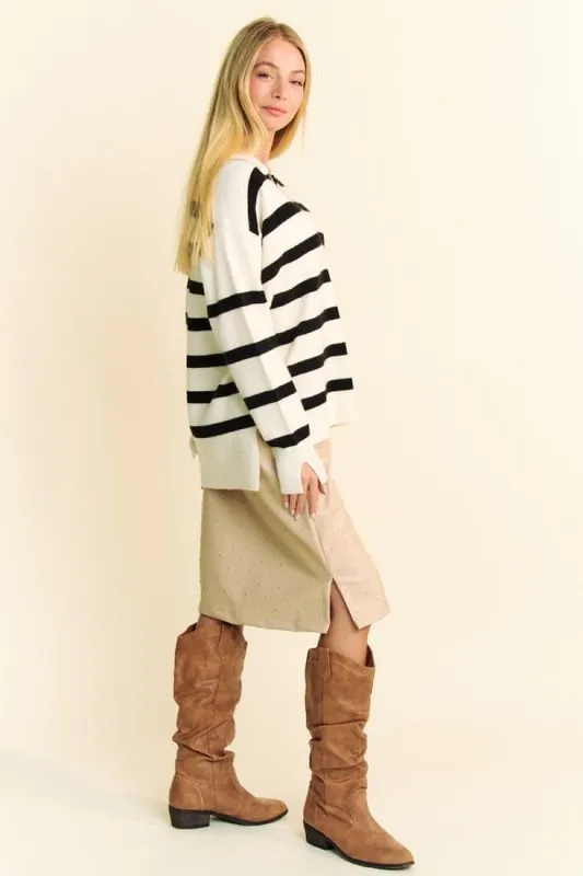 High-Low Side Slit Striped Johnny Collar Sweater, image 4