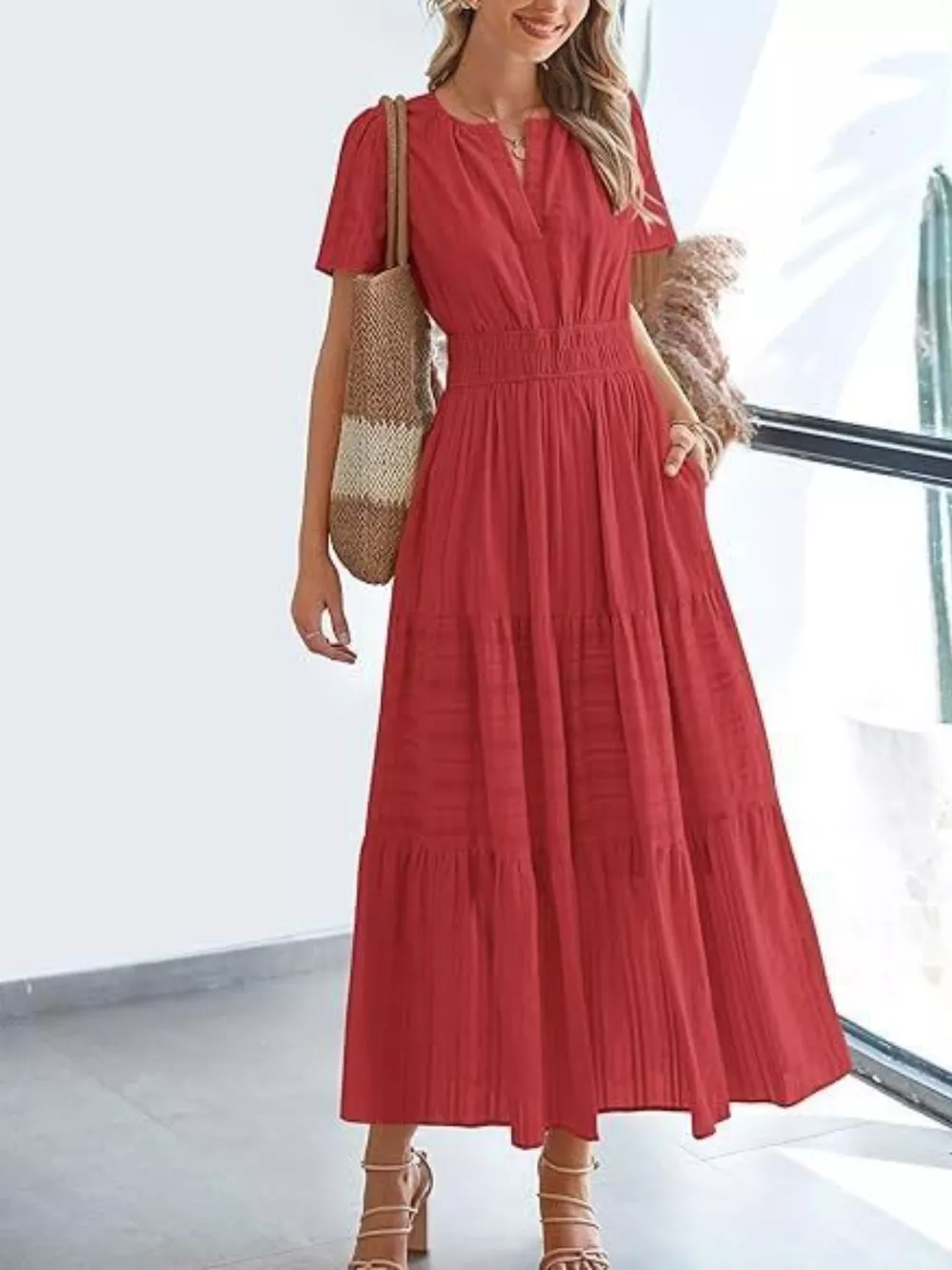Notched Short Sleeve Tiered Dress, image 9