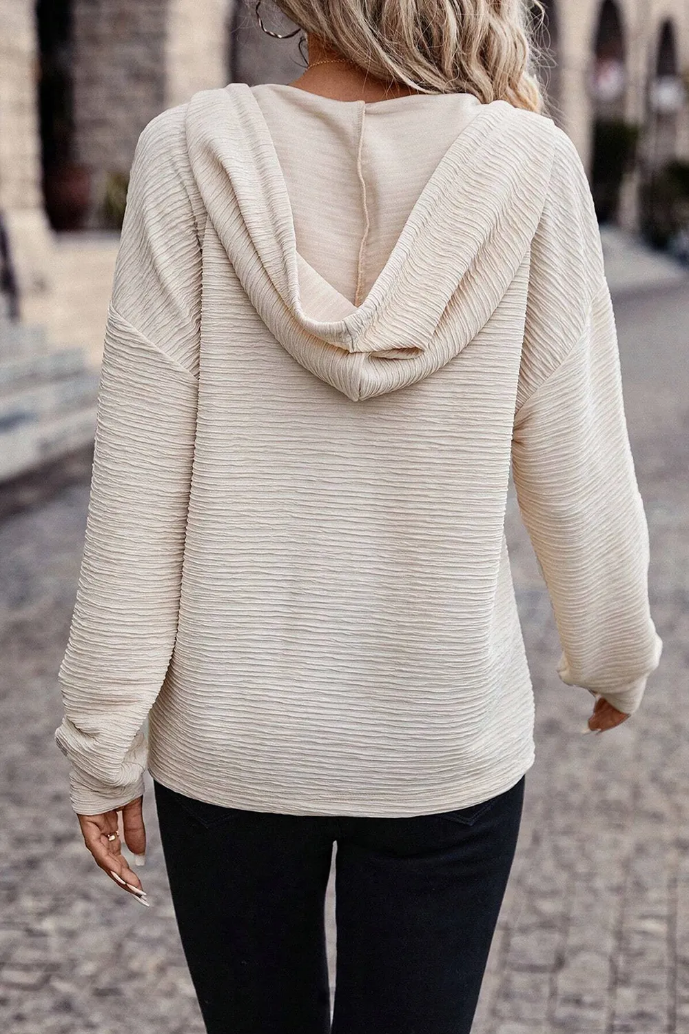 Drawstring Half Button Dropped Shoulder Hoodie, image 4