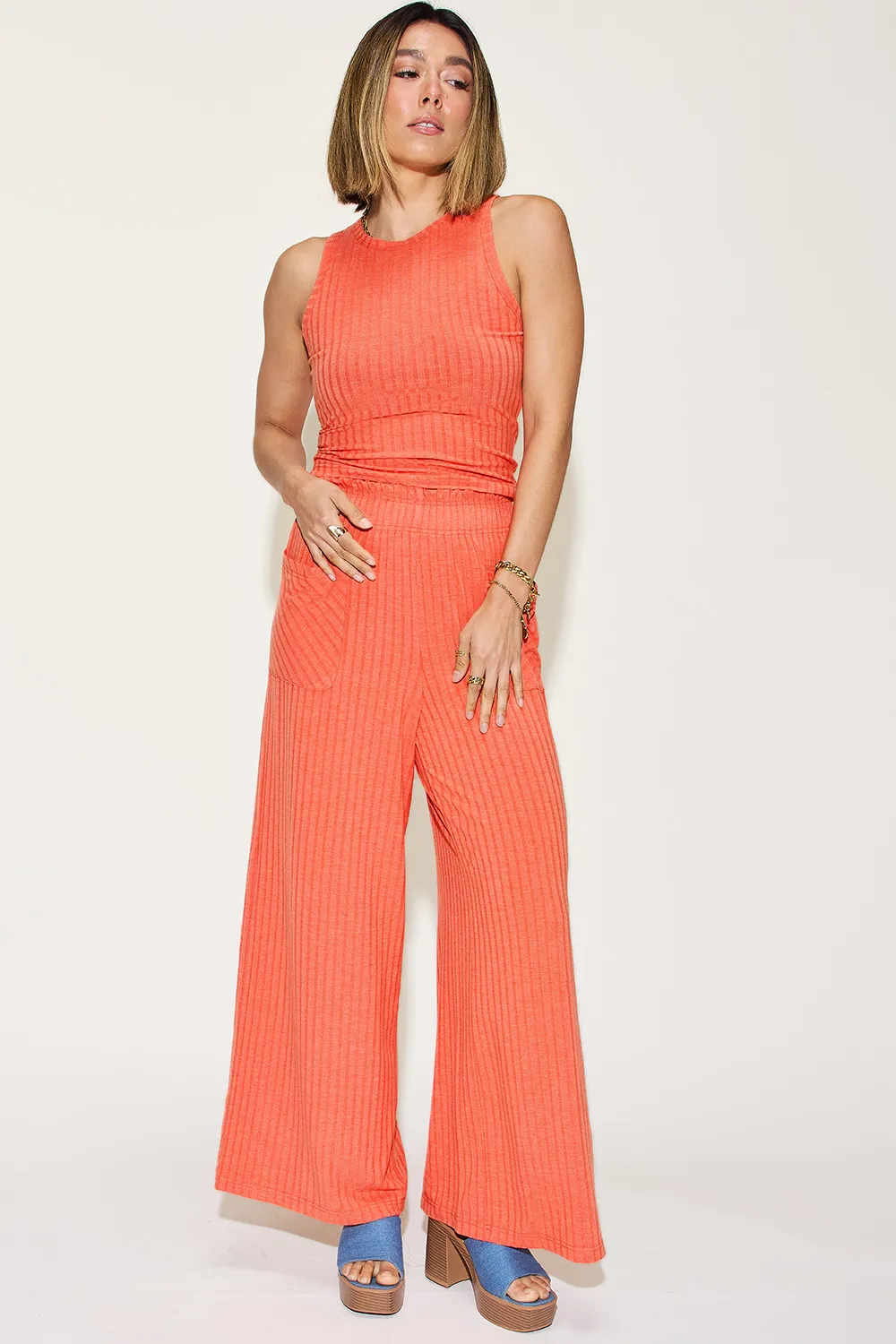 Full Size Ribbed Tank and Wide Leg Pants Set, image 10
