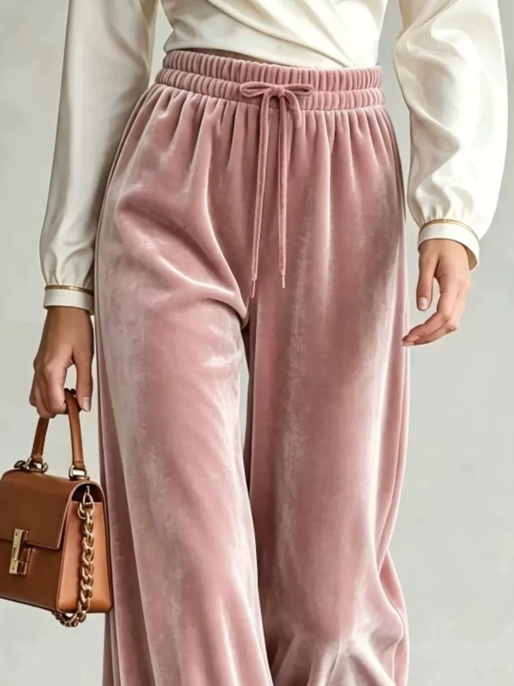 Velvet Wide-Leg Pants with Drawstring, image 3