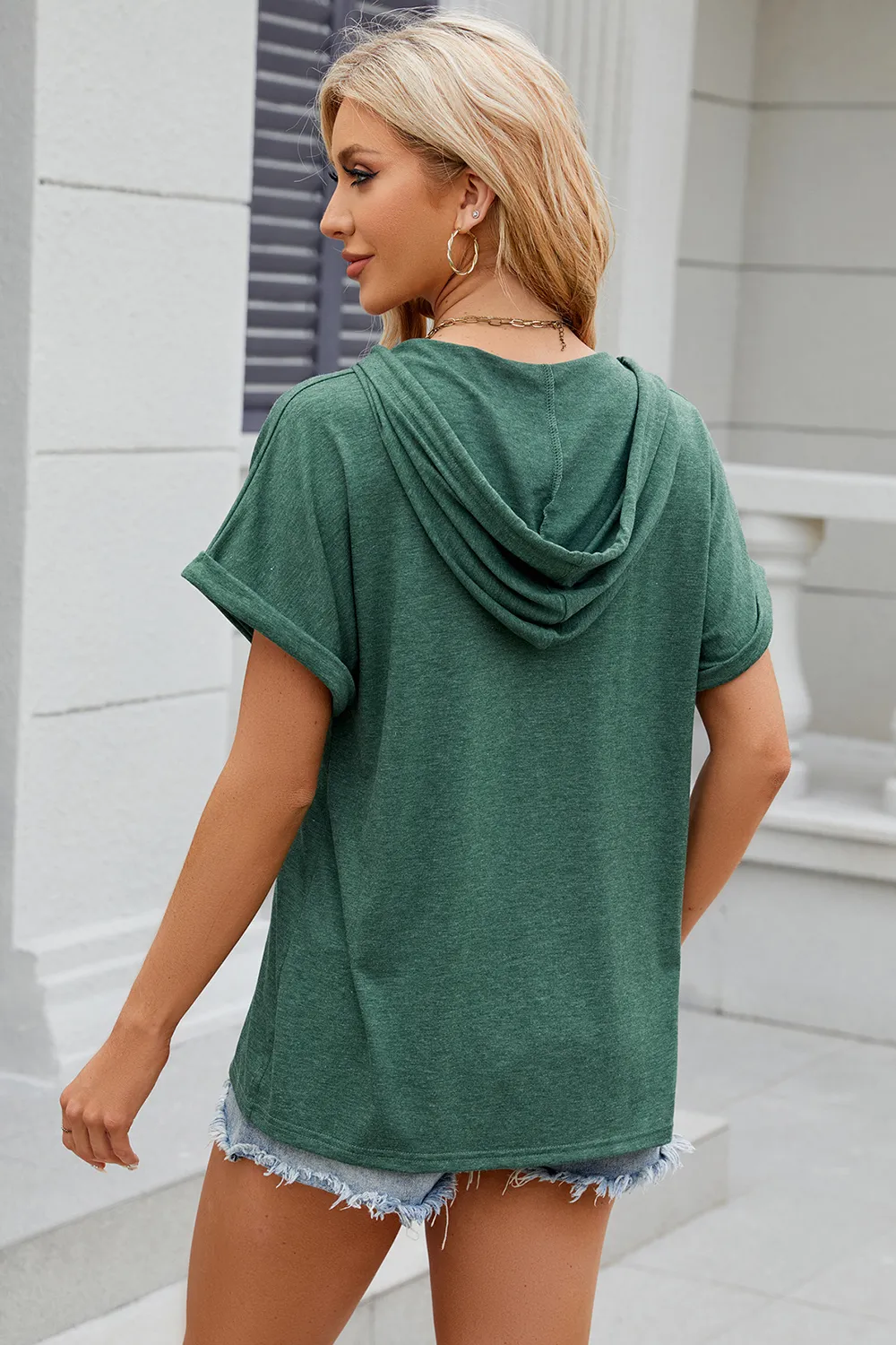Half Button Drawstring Short Sleeve Hooded T-Shirt, image 3
