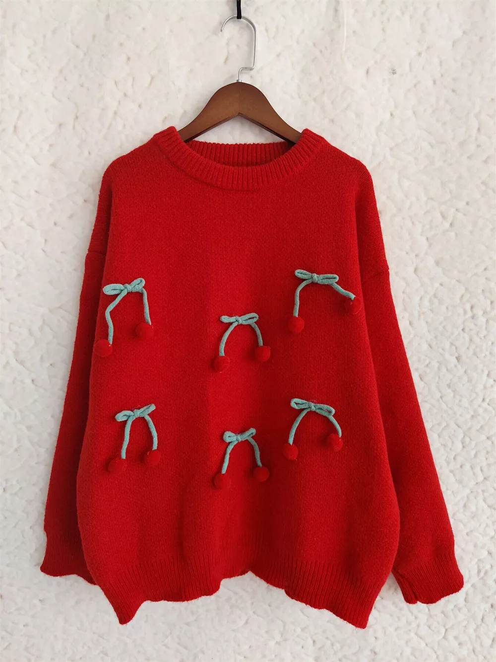 Cherry Pom-Pom Knit Round Neck Sweater, image 17