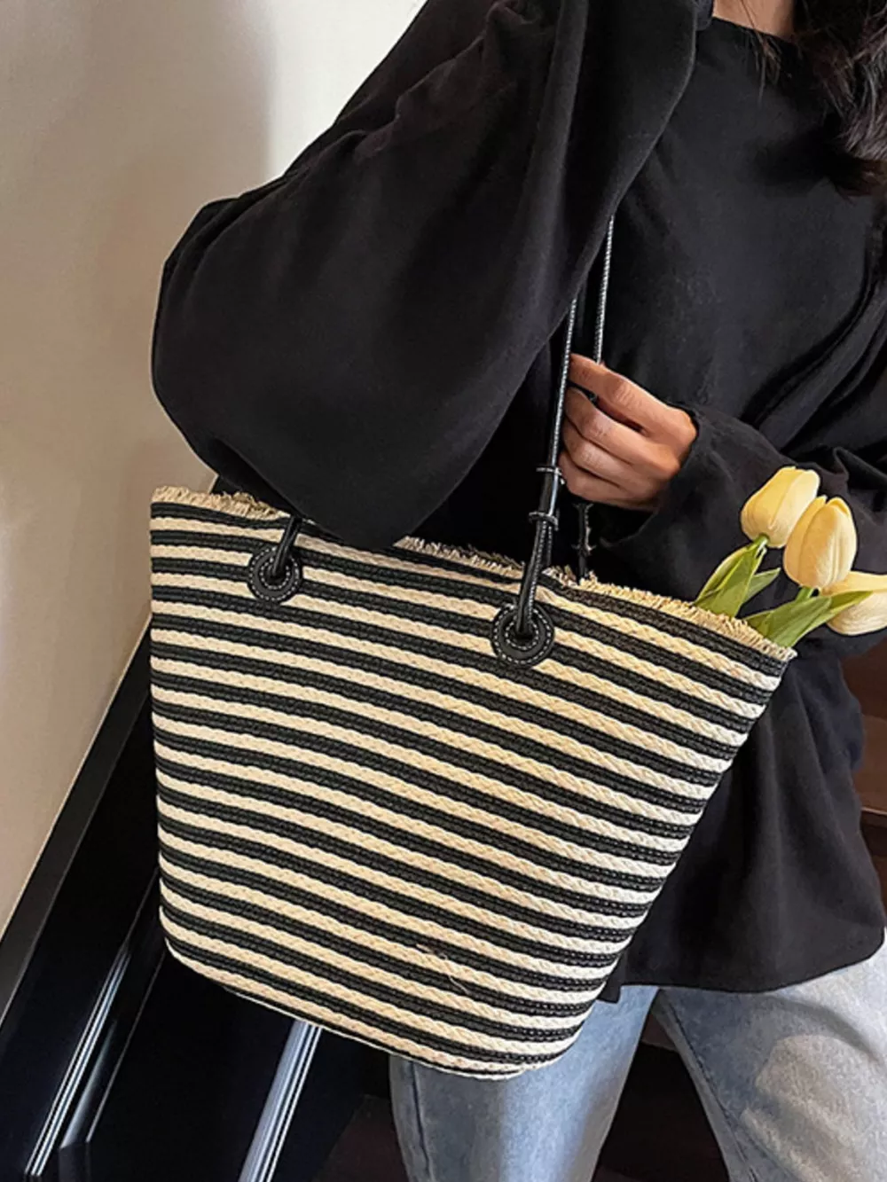 Striped Woven Straw Shoulder Bag, image 8