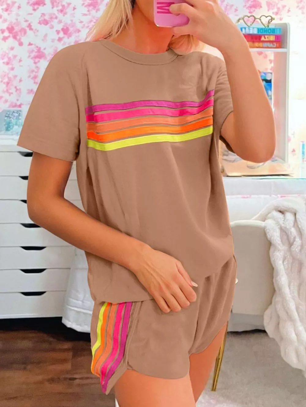Rainbow Striped Round Neck Top and Shorts Set, image 9