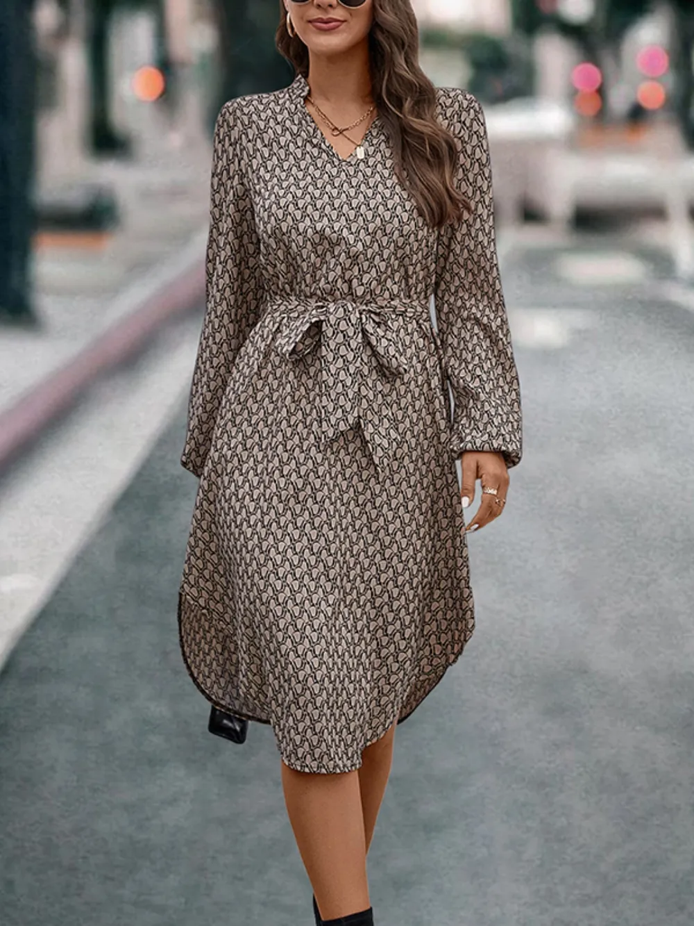 Tied Printed Notched Balloon Sleeve Dress, image 3