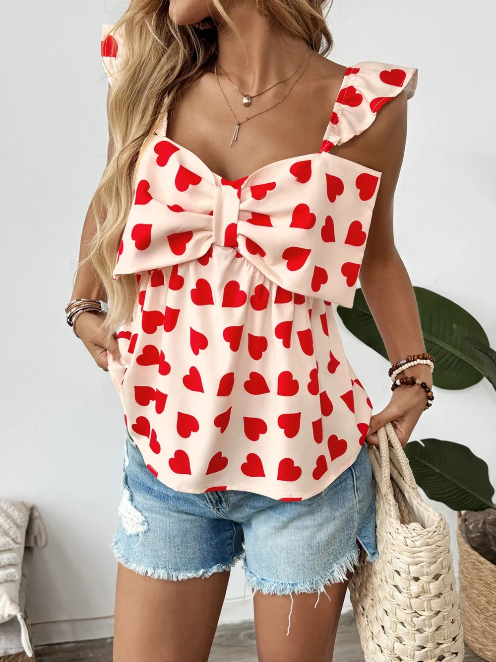 Heart Print Bow Front Peplum Blouse, image 3