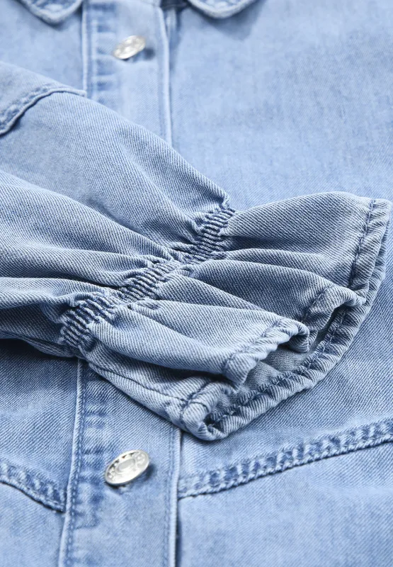 Distressed Collared Neck Flounce Sleeve Denim Dress, image 12