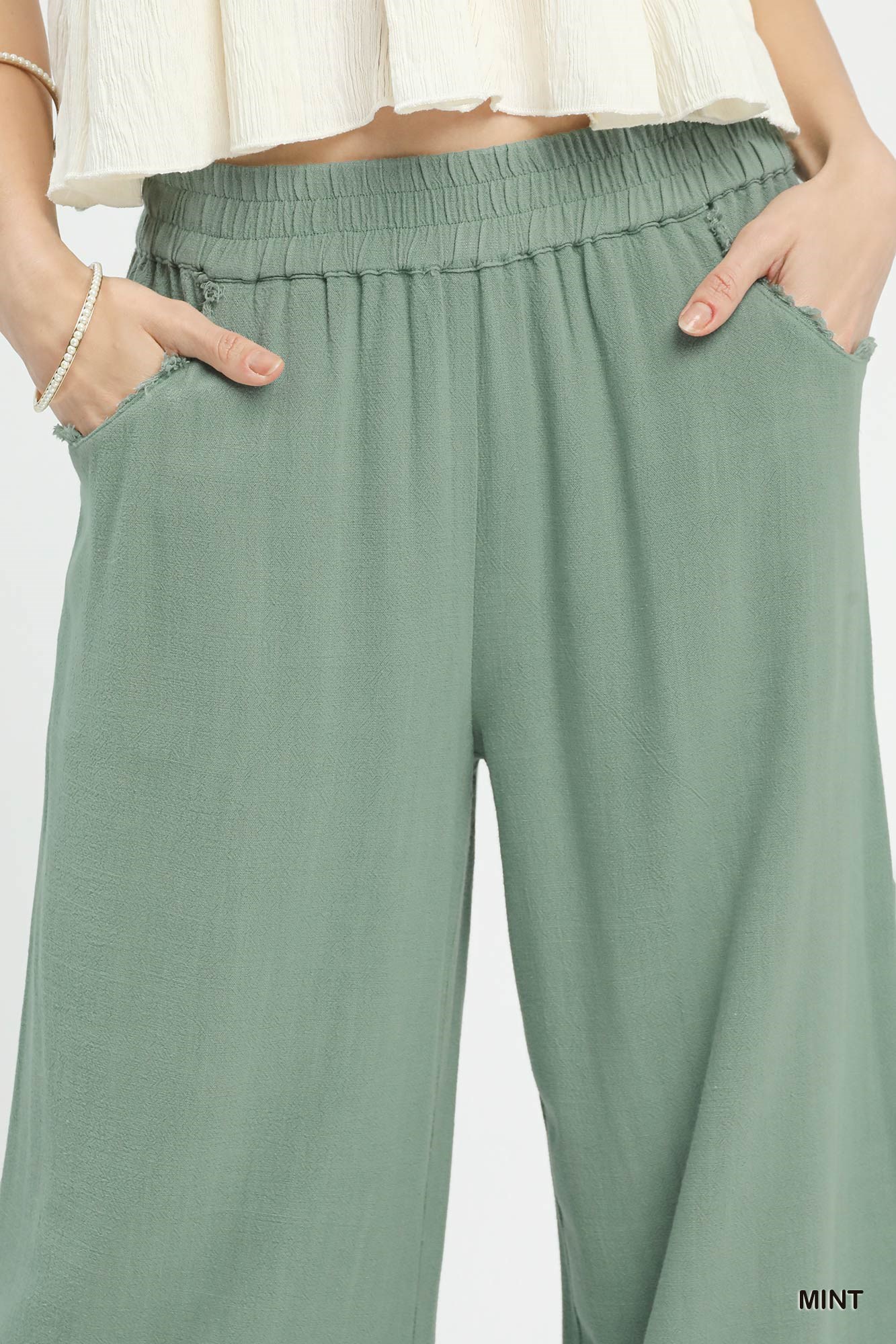 Linen Wide Leg Cropped Pants with Lace Trim, image 3