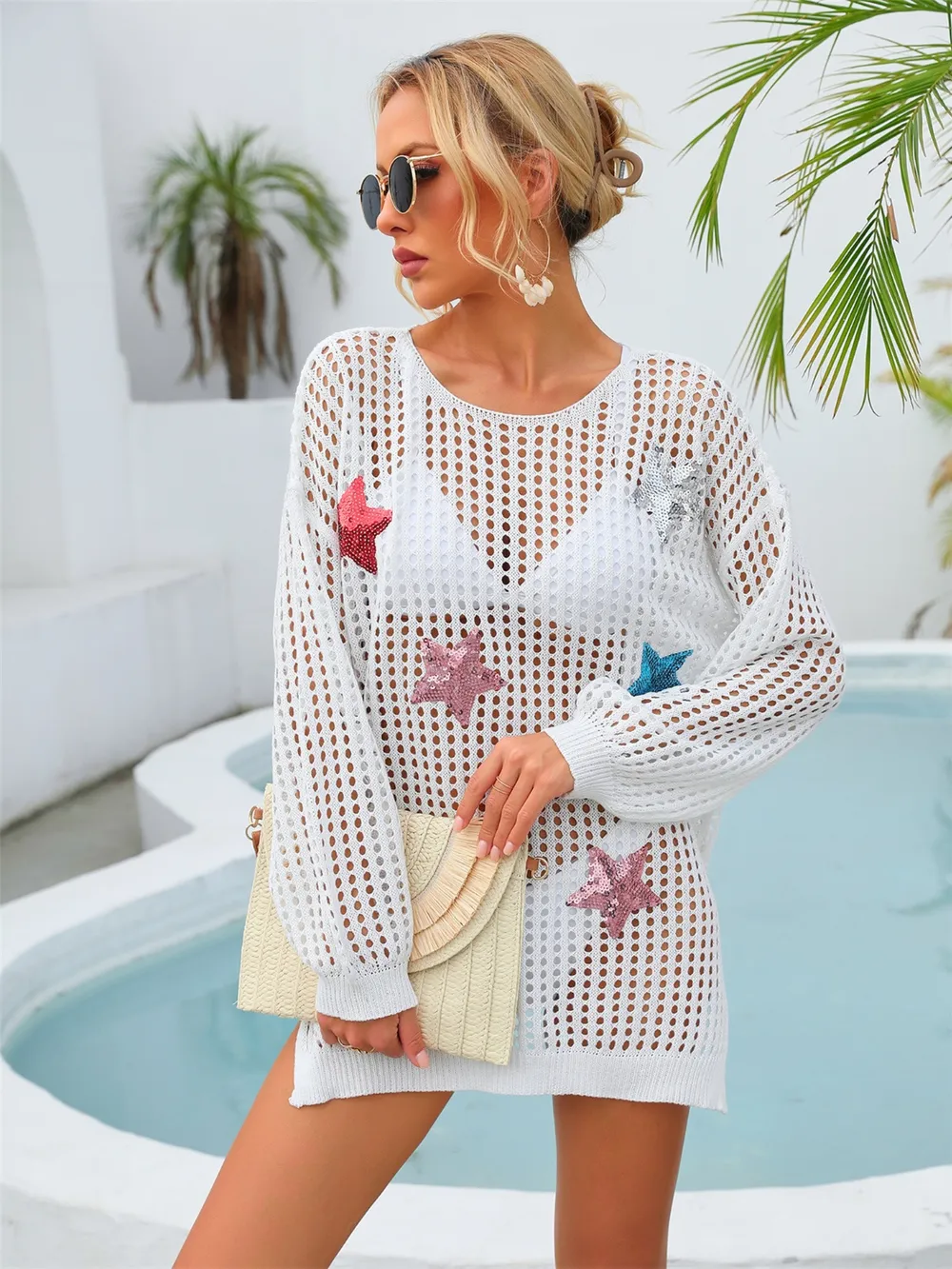 Sequin Star Round Neck Long Sleeve Cover Up, image 5