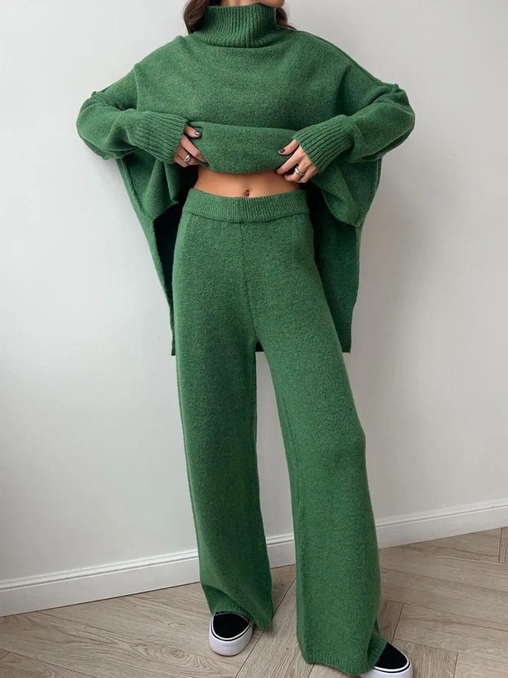 Slit Turtleneck Long Sleeve Top and Pants Sweater Set, image 16