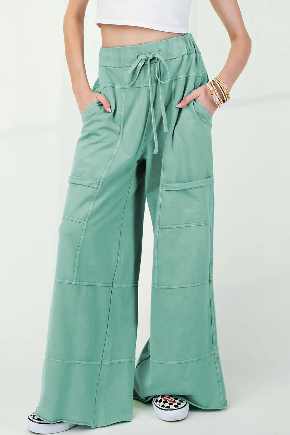 Mineral Wash Exposed Seam Drawstring High Waist Wide Leg Cargo Pants, image 12