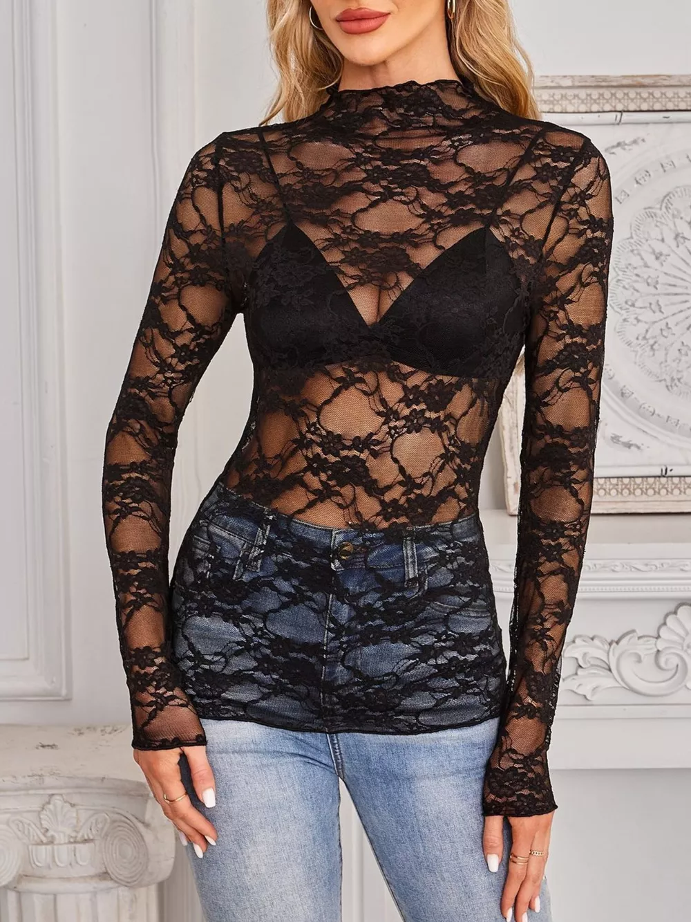 Sheer Floral Lace Long Sleeve Top, image 13