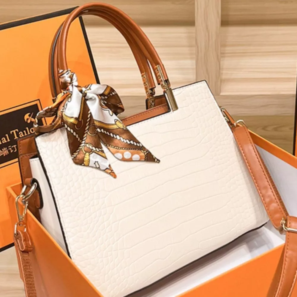 Crocodile Embossed Top Handle Handbag with Scarf, image 3
