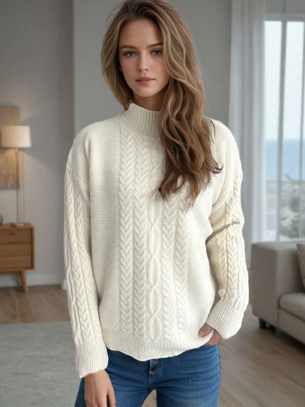 Cable-Knit Mock Neck Dropped Shoulder Sweater, image 2