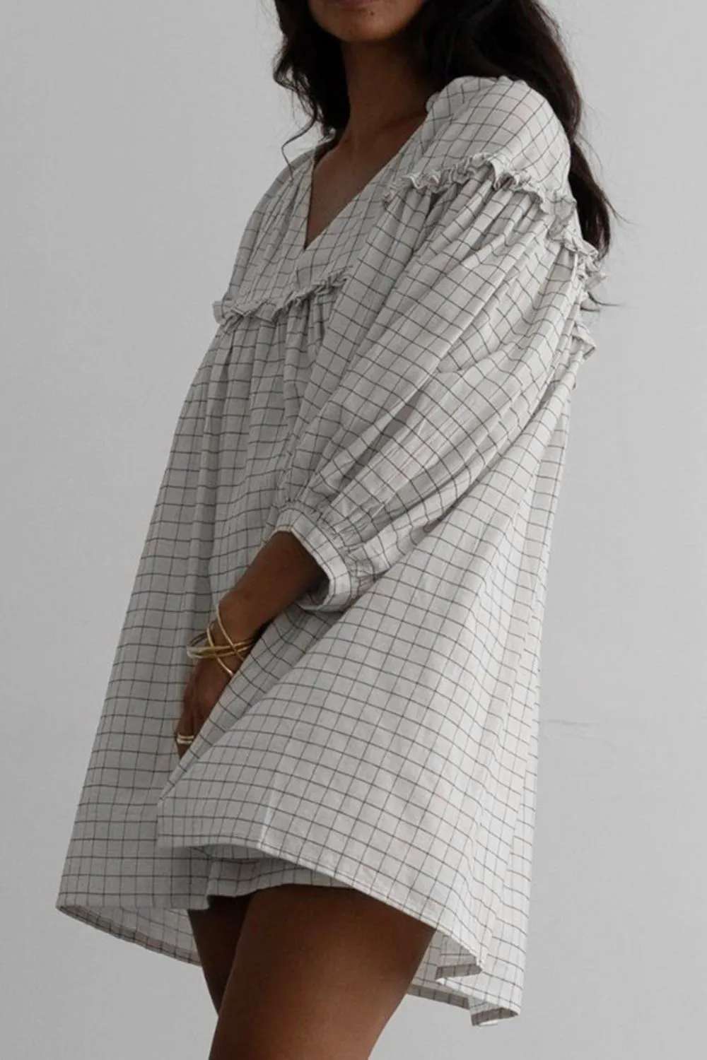 Frill Plaid Notched Balloon Sleeve Mini Dress, image 3