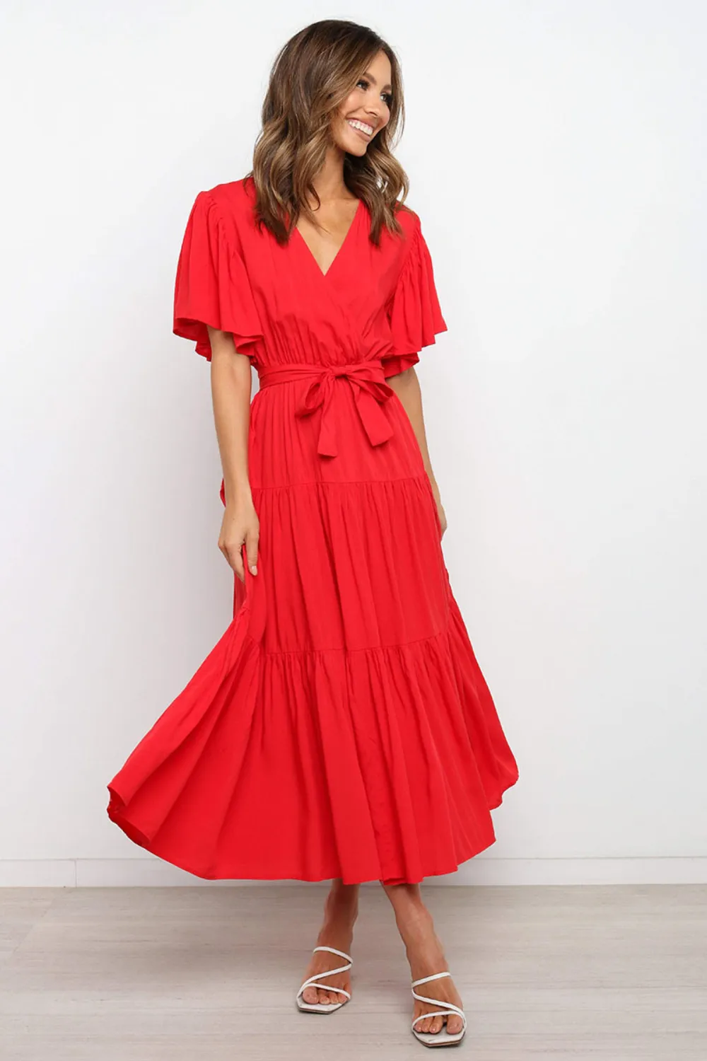 Front Tie Short Sleeve Tiered Midi Dress, image 9