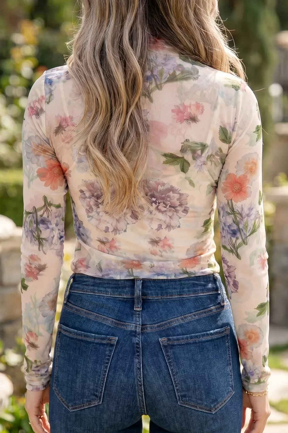 Floral Mesh Long Sleeve Thumbhole Hem Top, image 2