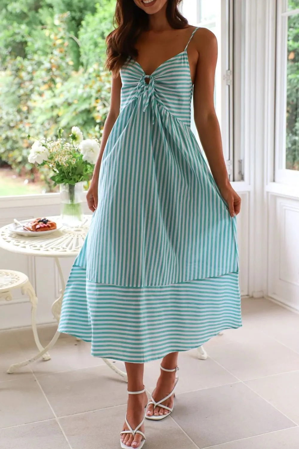 Smocked Back Striped Sleeveless Midi Dress, image 13