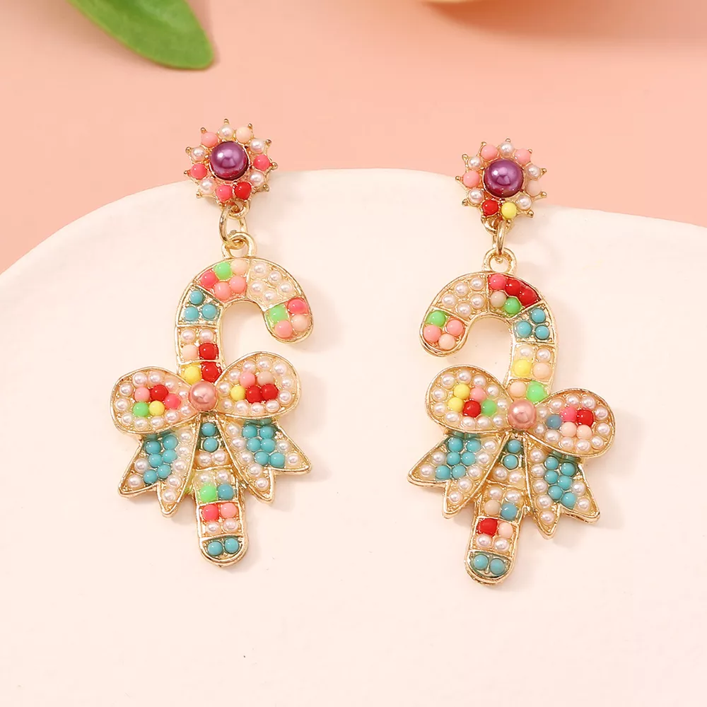 Christmas Candy Cane Bow Drop Earrings, image 2