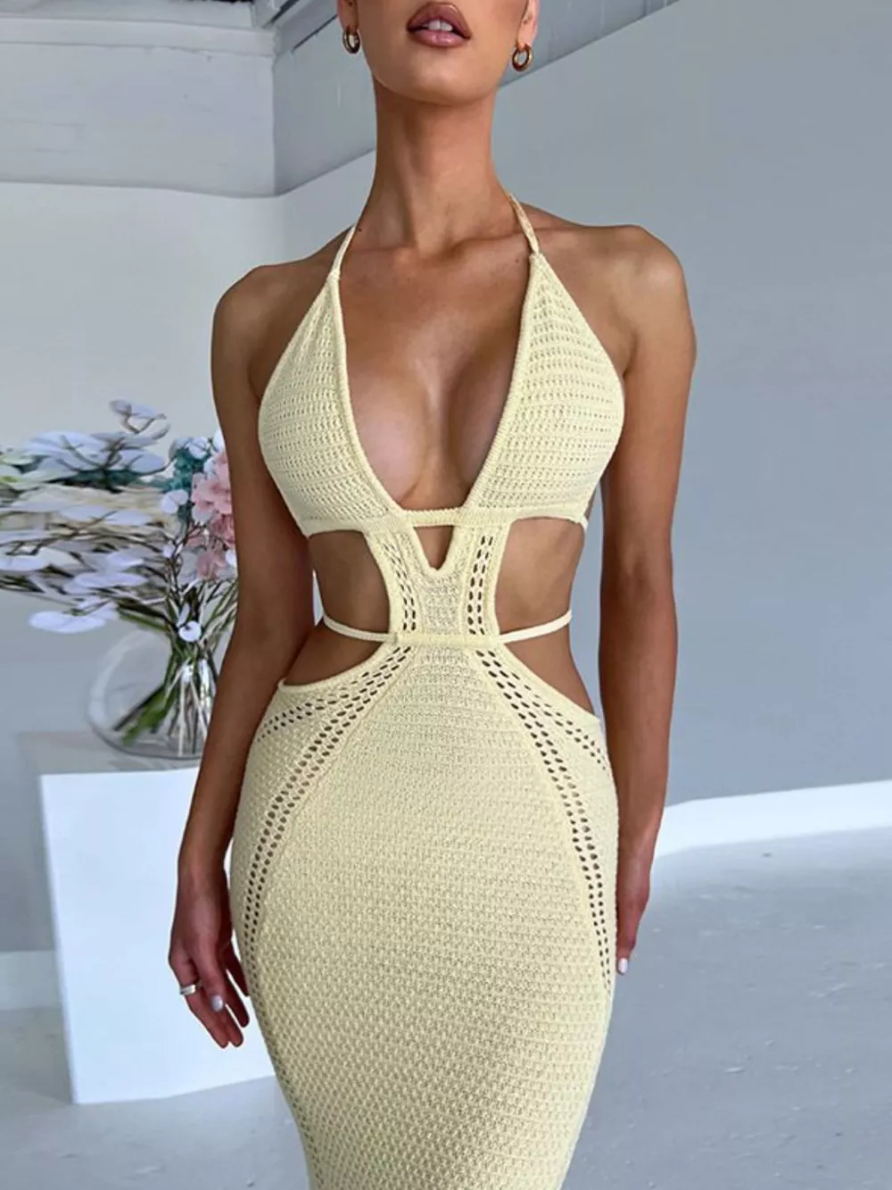 Halter Neck Cutout Knitted Maxi Dress, image 6