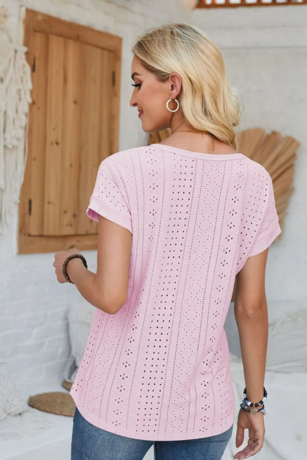 Eyelet Round Neck Rolled Short Sleeve T-Shirt, image 18