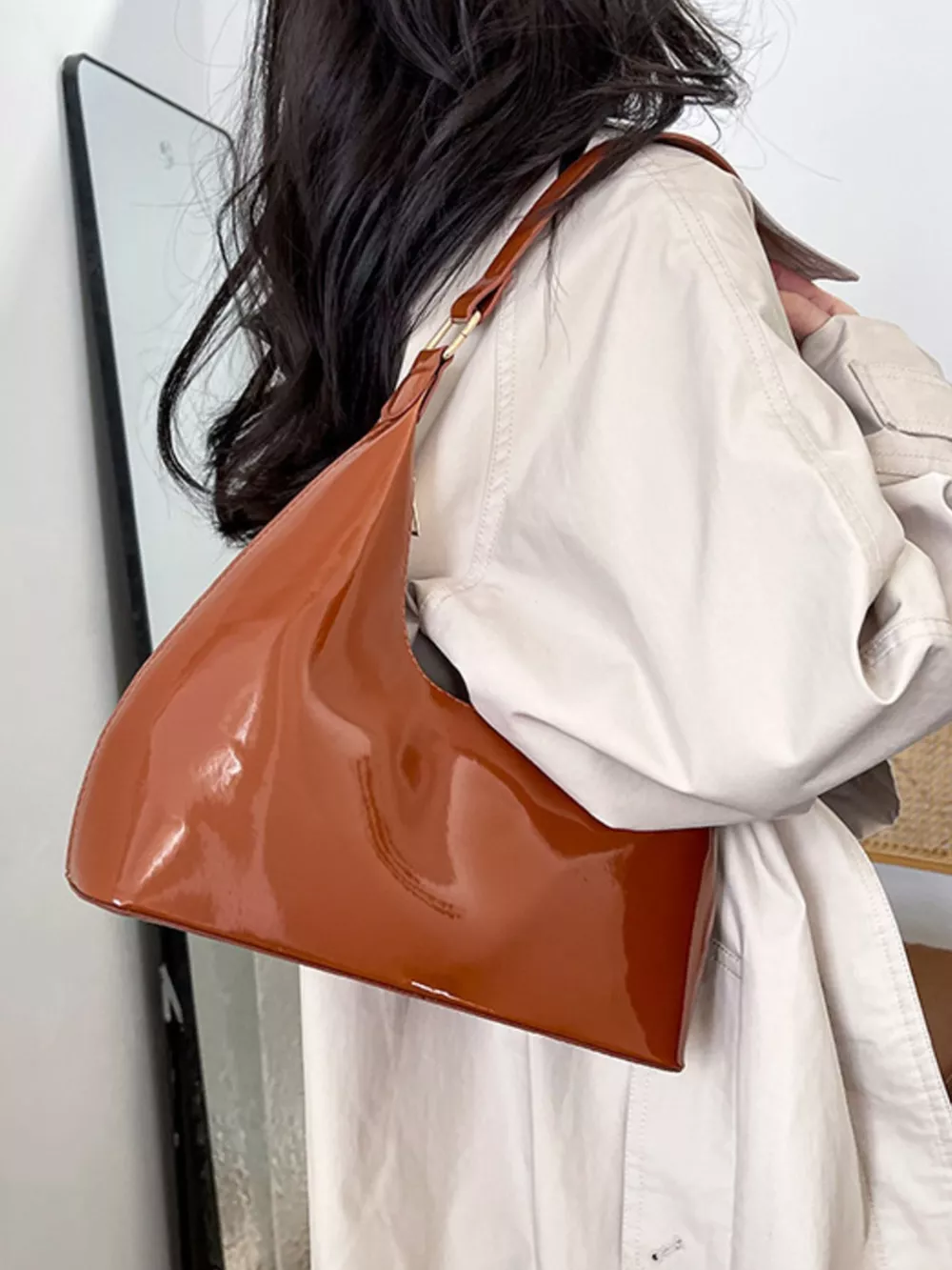 Solid Color Leather Shoulder Bag, image 8