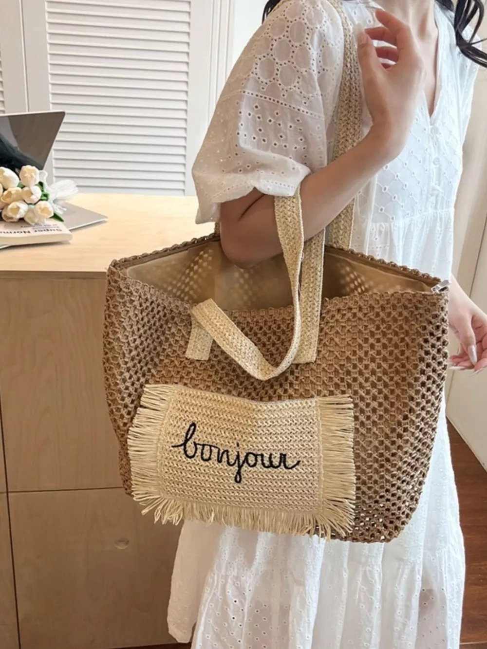 Fringe Straw Shoulder Bag, image 7
