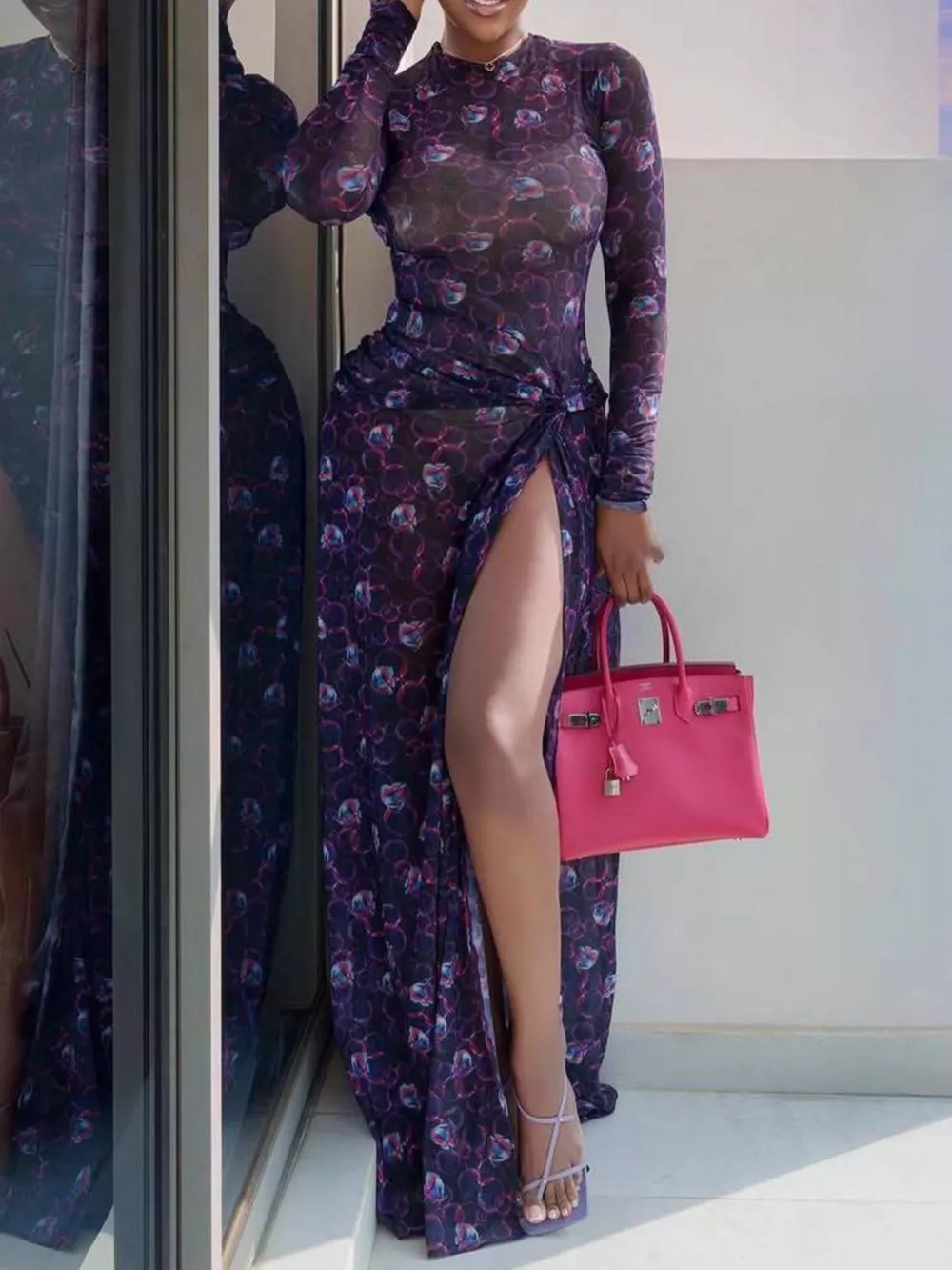 Sheer Floral Print Maxi Dress with High Slit, image 2