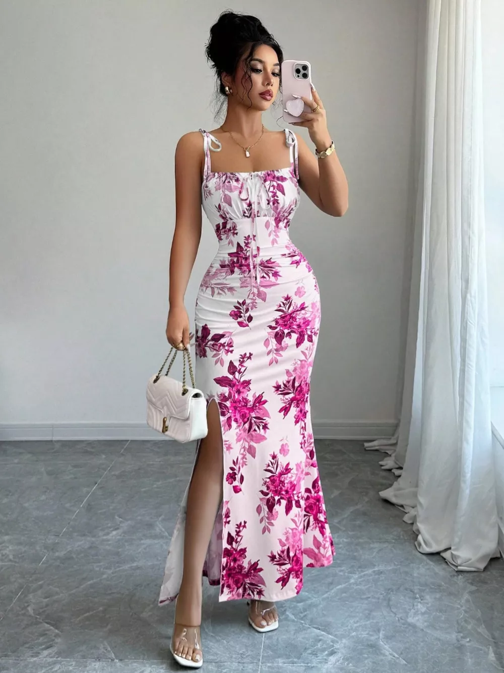 Printed Tie Strap Slit Maxi Dress, image 5