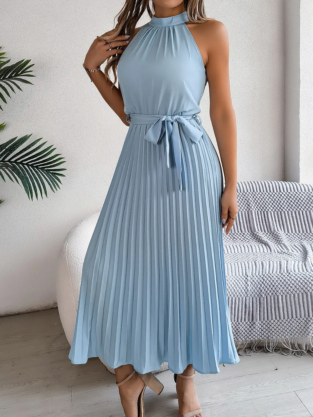 Grecian Neck Tie Waist Pleated Dress, image 7