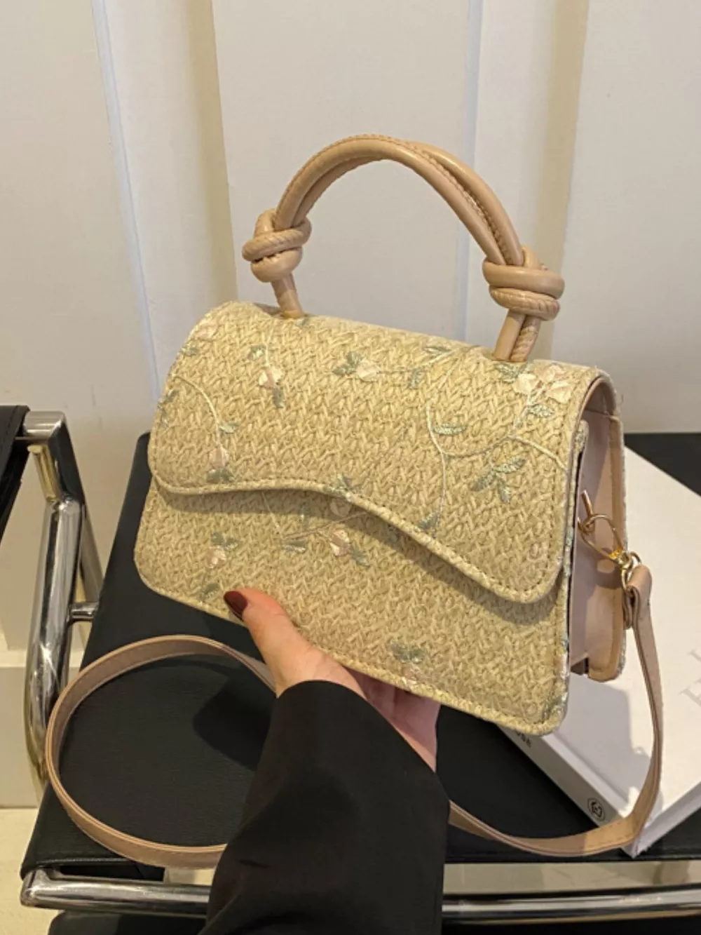 Floral Embroidered Straw Woven Crossbody Bag, image 2