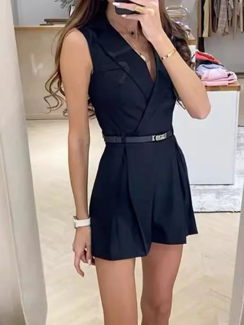 Solid Sleeveless Surplice Romper, image 2