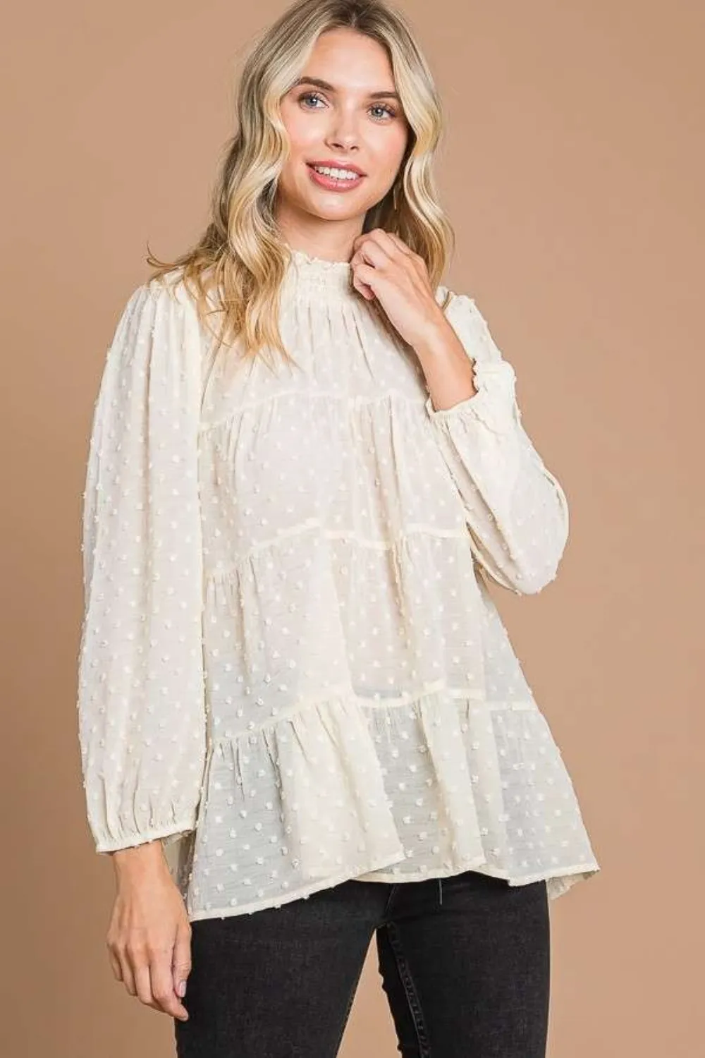 Full Size Swiss Dot Smocked Mock Neck Blouse Plus Size, image 4