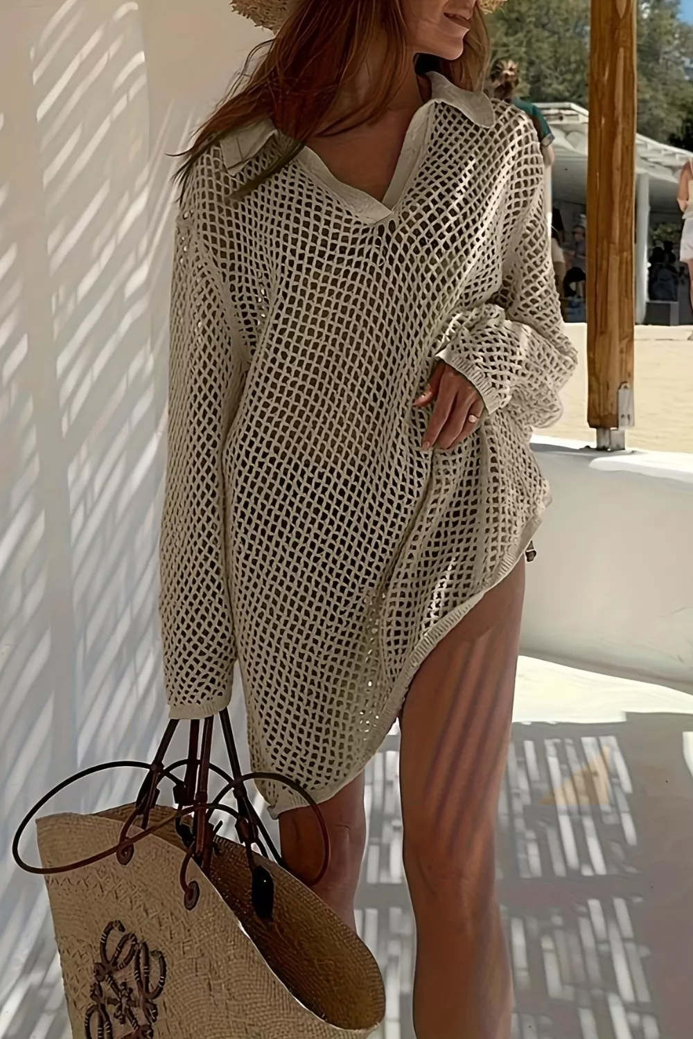 Collared Neck Openwork Crochet Knit Cover Up