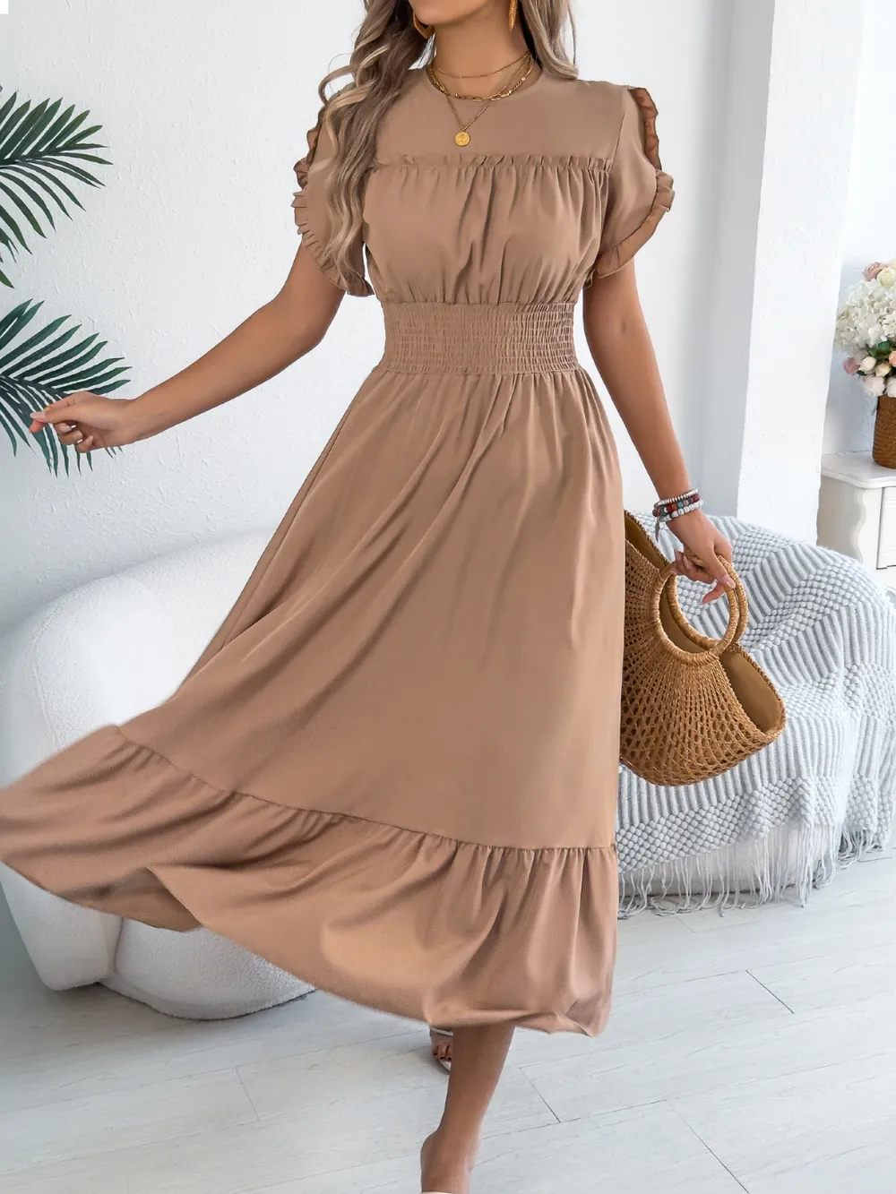 Smocked Frill Round Neck Midi Dress, image 8
