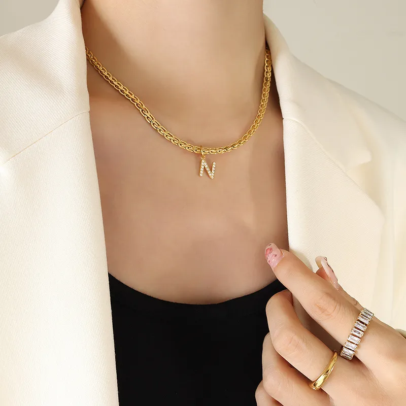 Brass Inlaid Zircon Letter Pendant Necklace, image 3