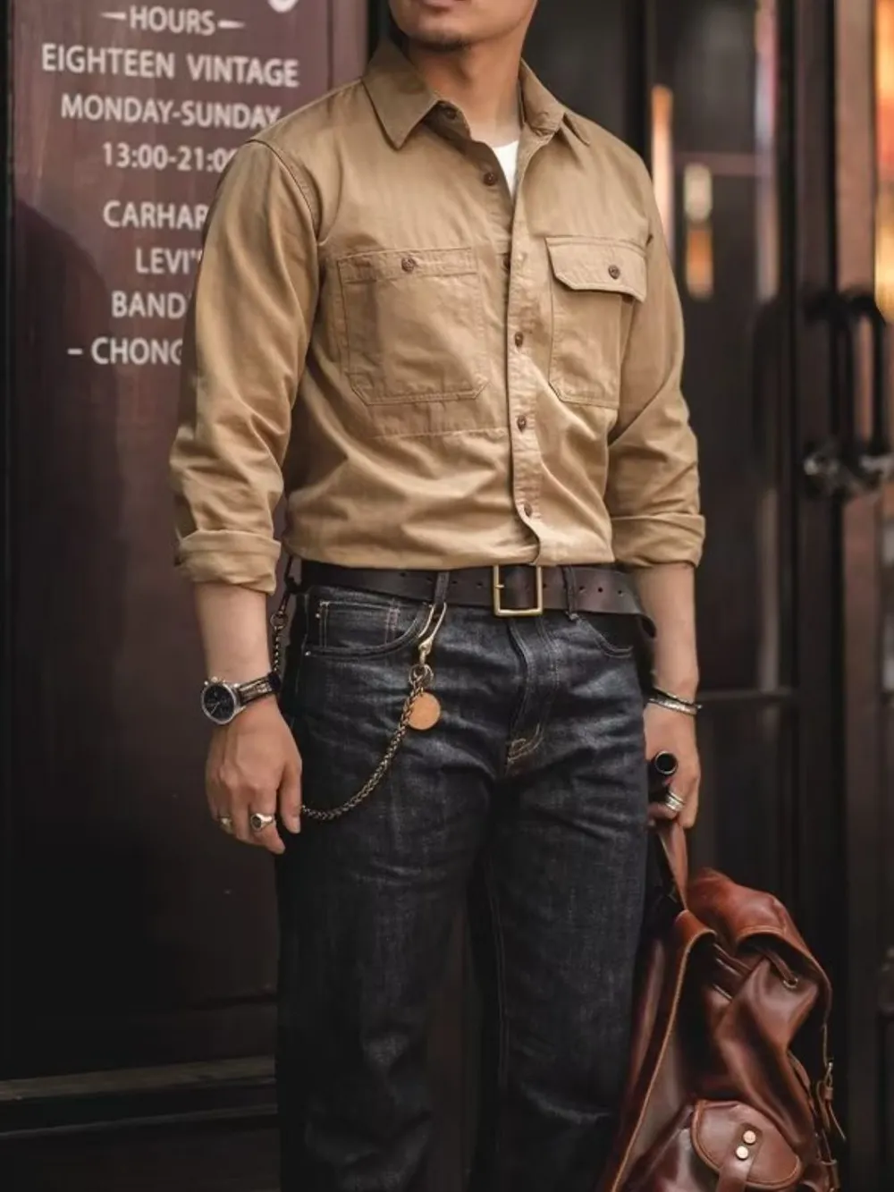 Men's Button Down Long Sleeve Shirt with Chest Pockets, image 3