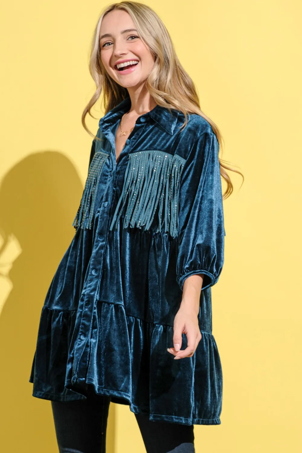 Fringe Detailed Velvet Shirt Dress, image 3